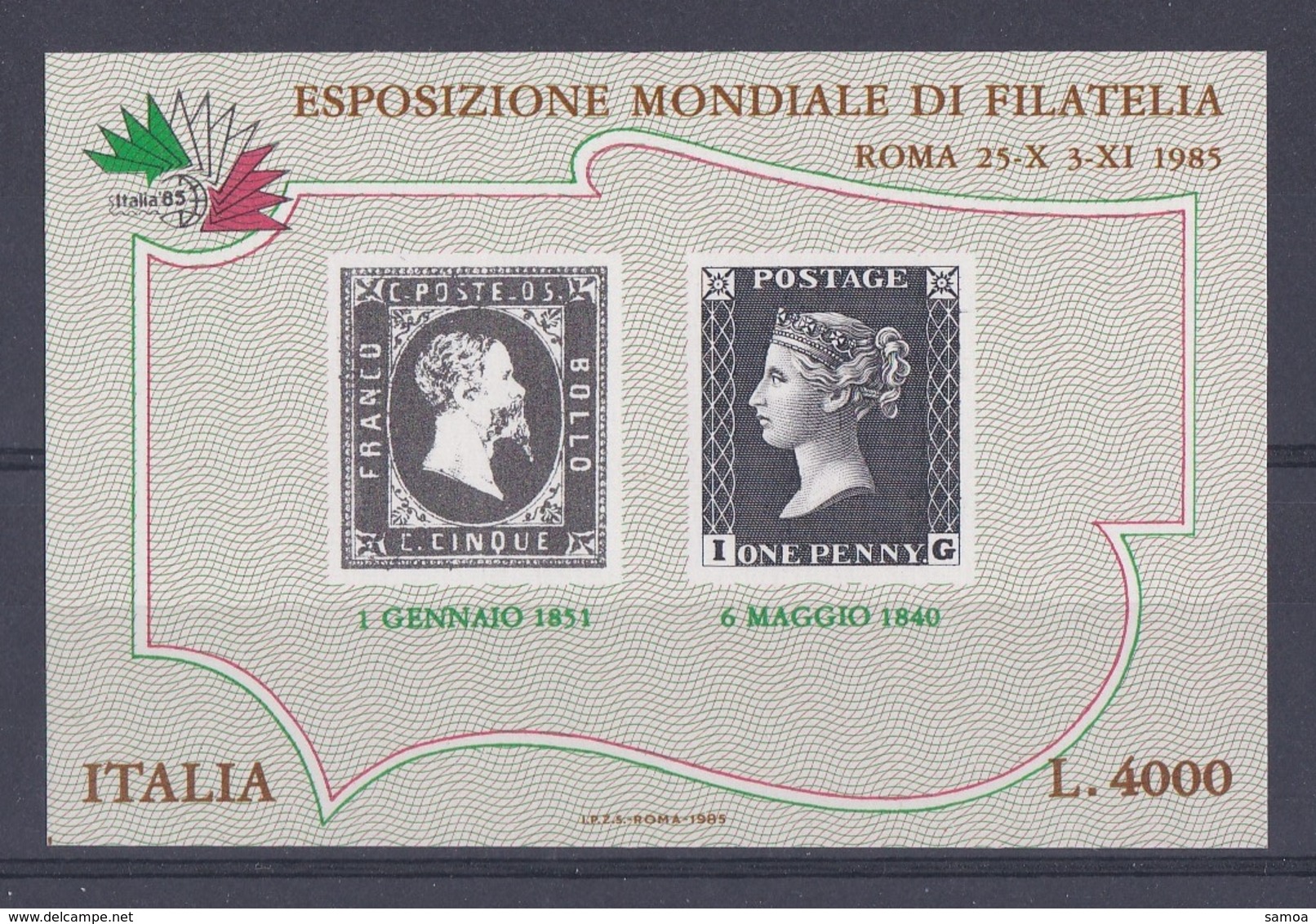 Italie 1985 BL 3 ** Exposition Philatélique Roma Timbres Sur Timbre N° 1 De Sardaigne Et Grande-Bretagne - Blocs-feuillets