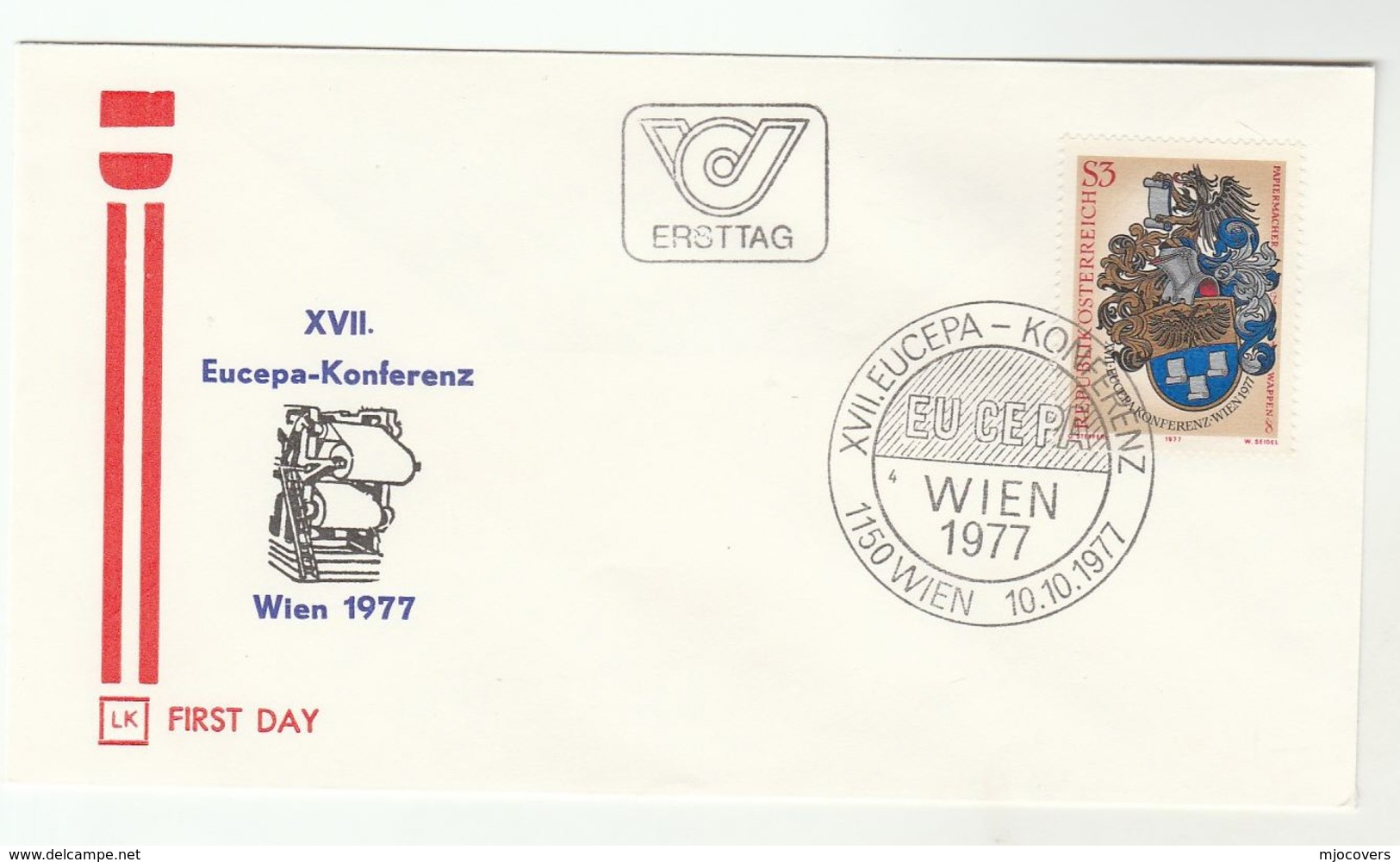 1977 Austria FDC HERALDIC EUCEPA  PAPER MAKING Industry CONFERENCE  Stamps SPECIAL Pmk  Cover Illus Paper Making Machine - Covers