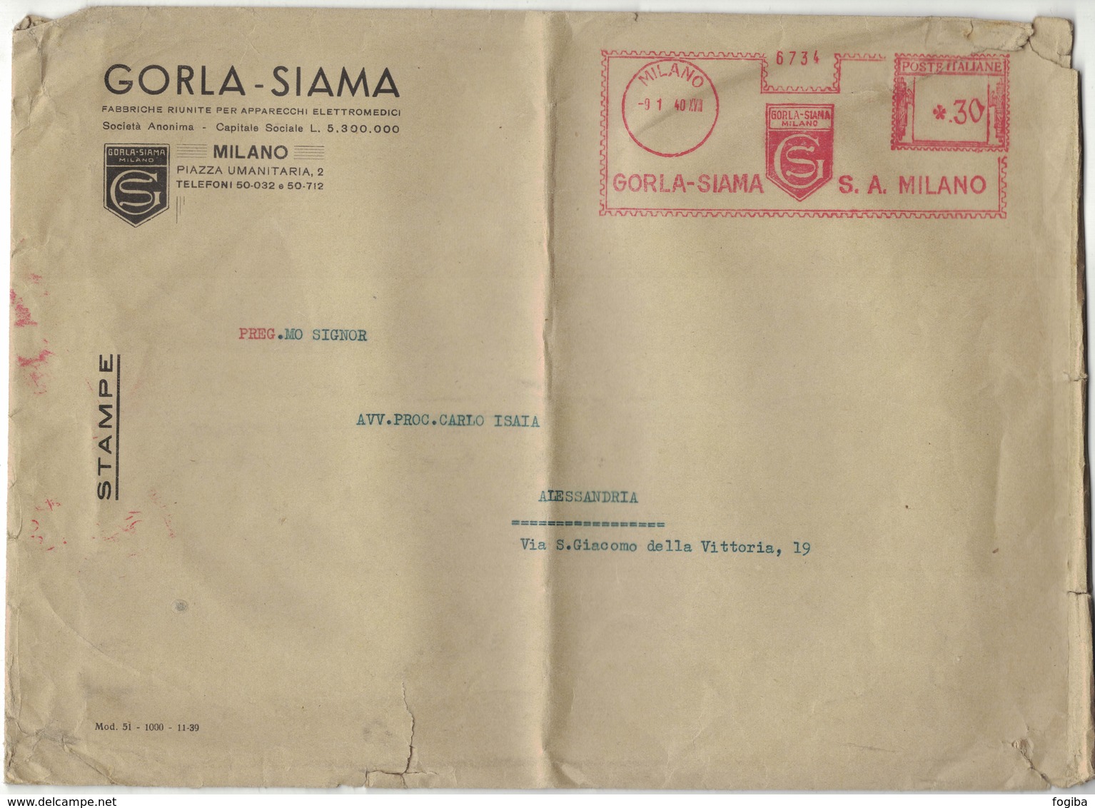 AP93   Italia 1940  Red Meter, EMA Freistempel - Milano Gorla-Siama Apparecchi Elettromedici - Macchine Per Obliterare (EMA)