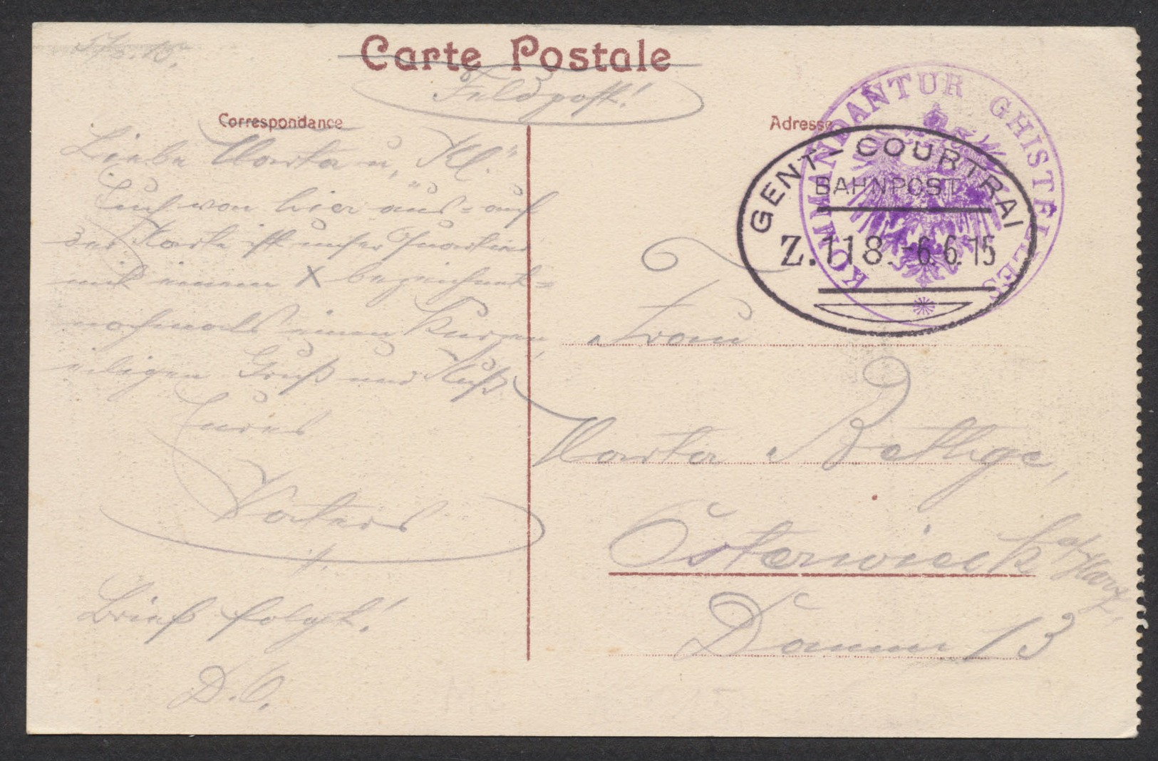 Guerre 14-18 - CP Vue (Ghistelle) Expédiée En Feldpost Par L'Ambulant "Gent-Courtrai" Vers L'allemagne + Cachet Violet - Other & Unclassified