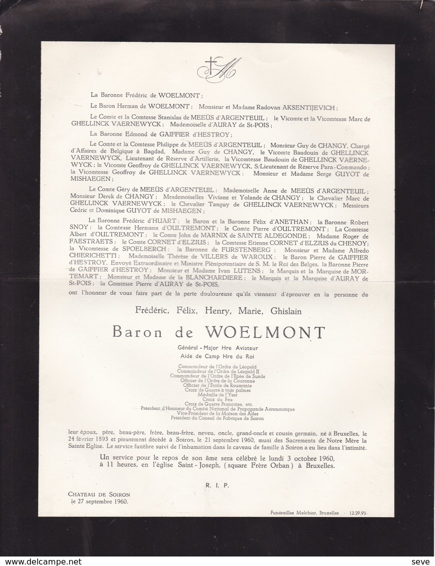 AVIATION Baron Frédéric De WOELMONT Soiron 1893-1960 Général-major Aviateur Aide De Camp Honoraire Du Roi Faire-part - Avvisi Di Necrologio