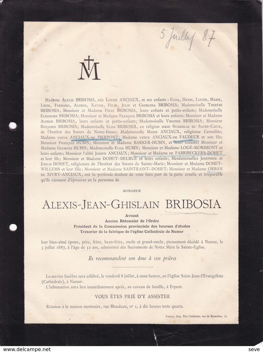 ERPENT Namur Alexis BRIBOSIA Avocat Trésorier Fabrique Cathédrale De Namur 52 Ans 1887 Famille ANCIAUX - Décès