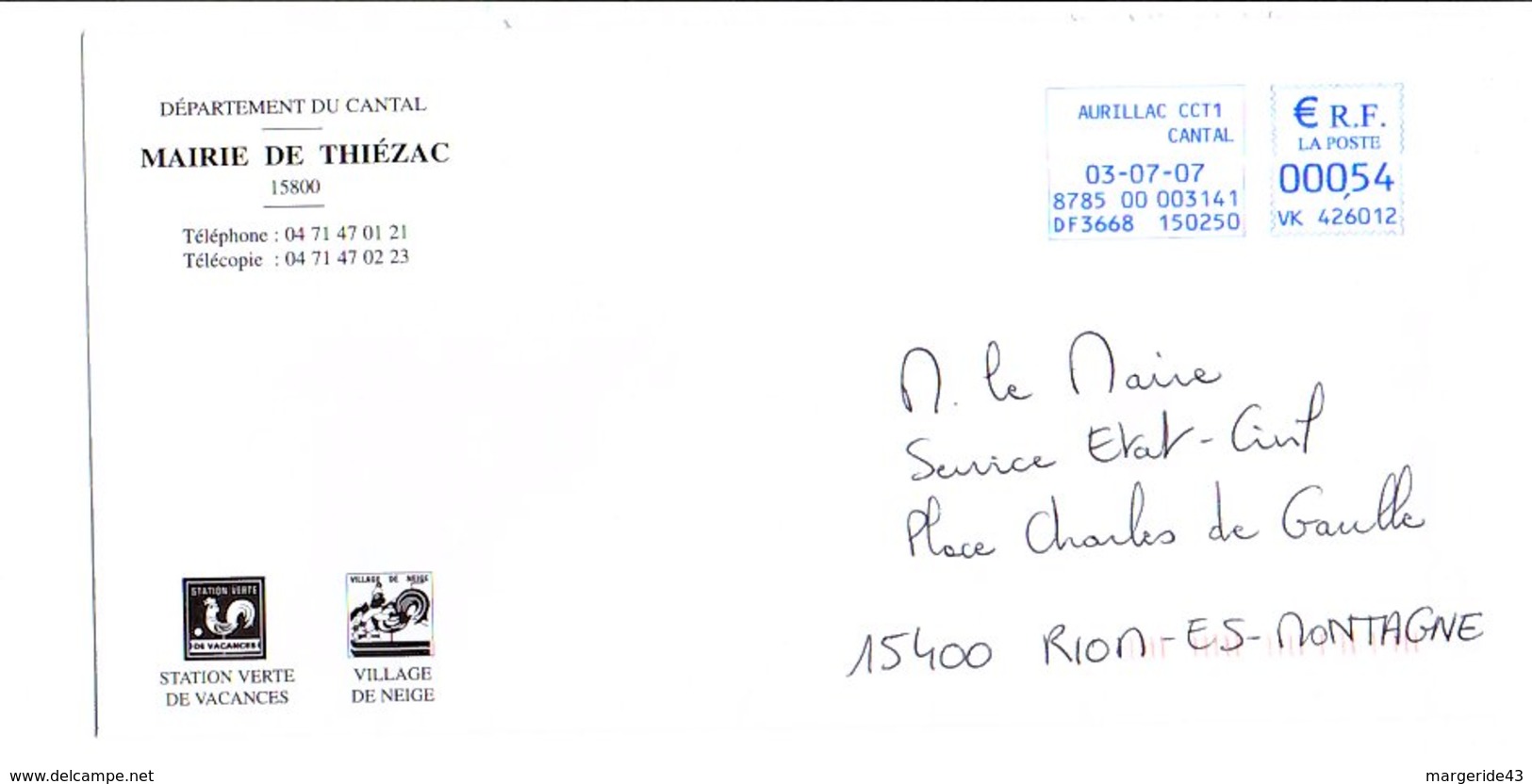 LETTRE DE MAIRIE DE THIEZAC CANTAL - 1961-....