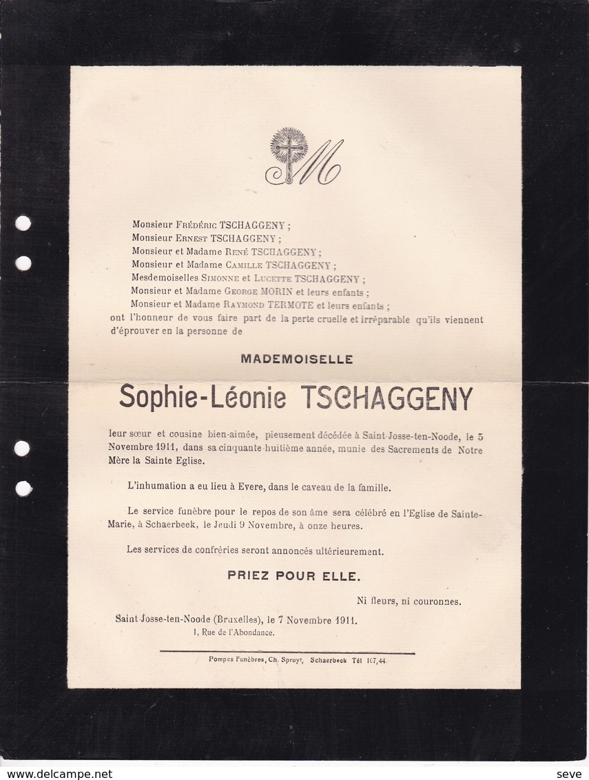 SAINT-JOSSE-TEN-NOODE Sophie-Léonie TSCHAGGENY 58 Ans 1911 Familles MORIN Et TERMOTE Enterrée EVERE - Décès