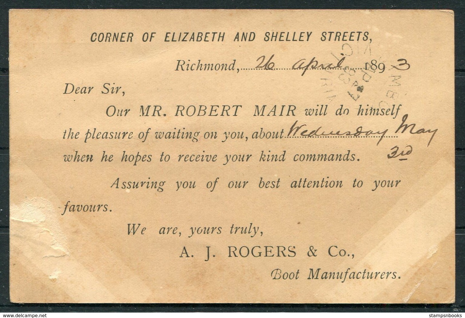 1893 Australia Victoria Stationery Postcard AJ Rogers, Boot Manufacturers, Richmond - Dimboola - Covers & Documents