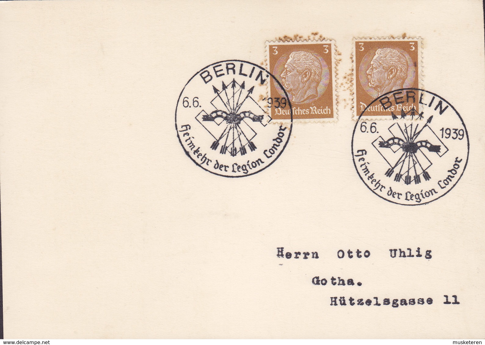Deutsches Reich Spanien Freiwilligen Sonderstempel Propaganda BERLIN 'Heimkehr Der Legion Condor' 6.6.1939 Card Karte - Briefe U. Dokumente