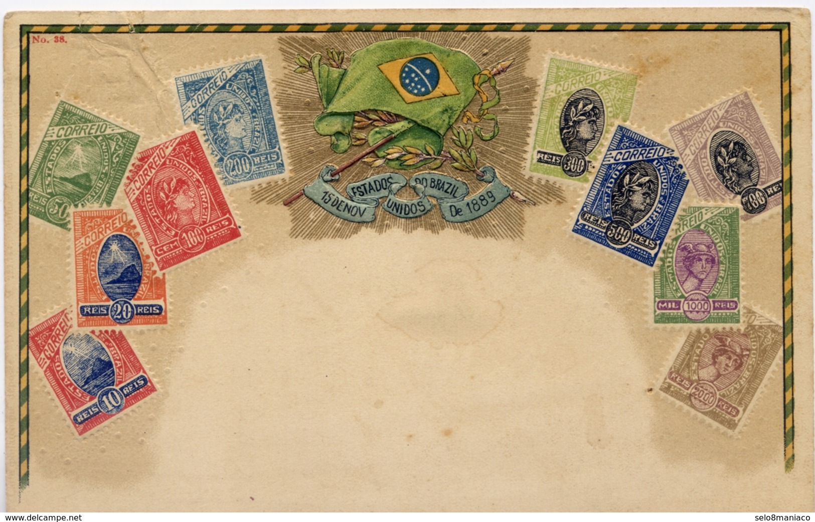 X741-Brazil-Ottmar Zieher Embossed Stamp Postcard, Nº 38, Flag.- Unused - Timbres (représentations)