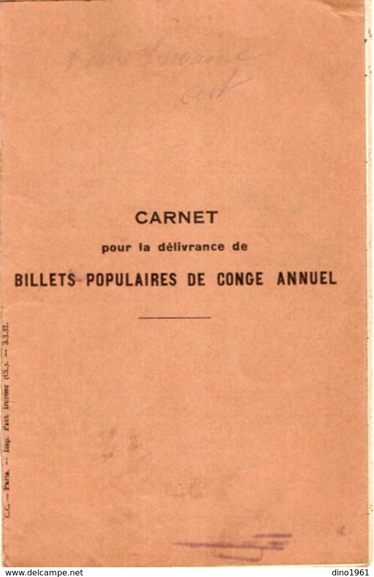 VP14.759 - Mairie De VILLIERS SUR MARNE 1937 - Chemins De Fer - Carnet Pour La Délivrance De Billets Populaires - Autres & Non Classés