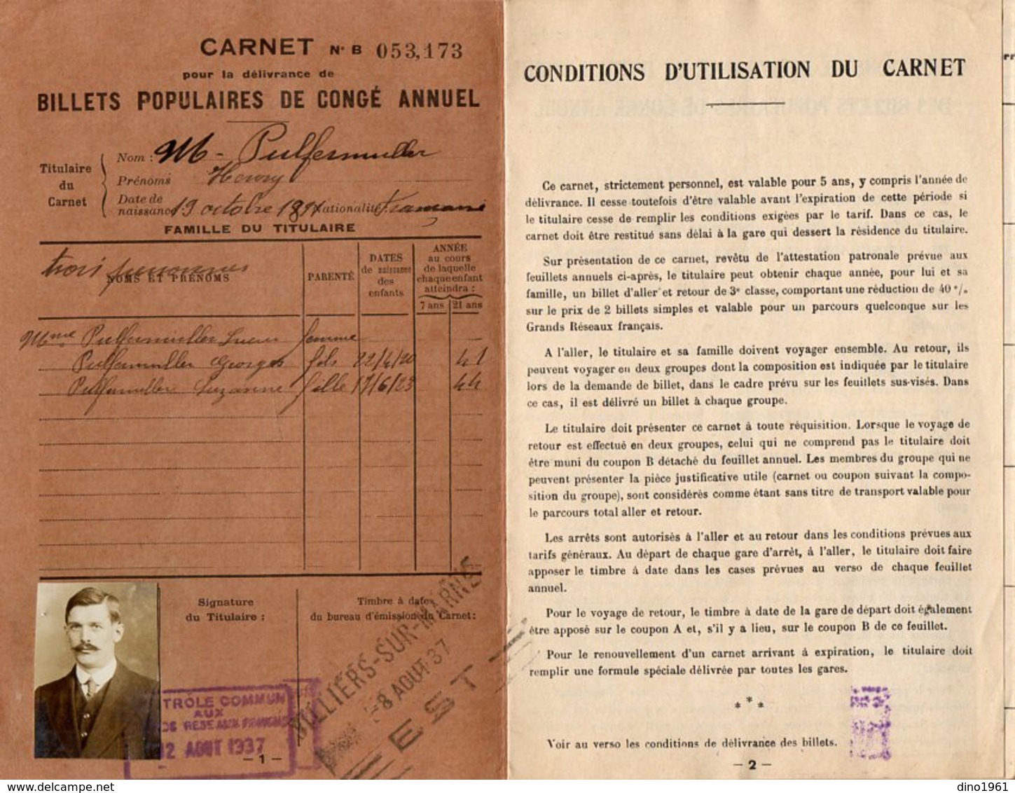 VP14.759 - Mairie De VILLIERS SUR MARNE 1937 - Chemins De Fer - Carnet Pour La Délivrance De Billets Populaires - Autres & Non Classés