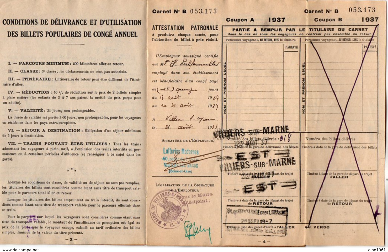 VP14.759 - Mairie De VILLIERS SUR MARNE 1937 - Chemins De Fer - Carnet Pour La Délivrance De Billets Populaires - Autres & Non Classés