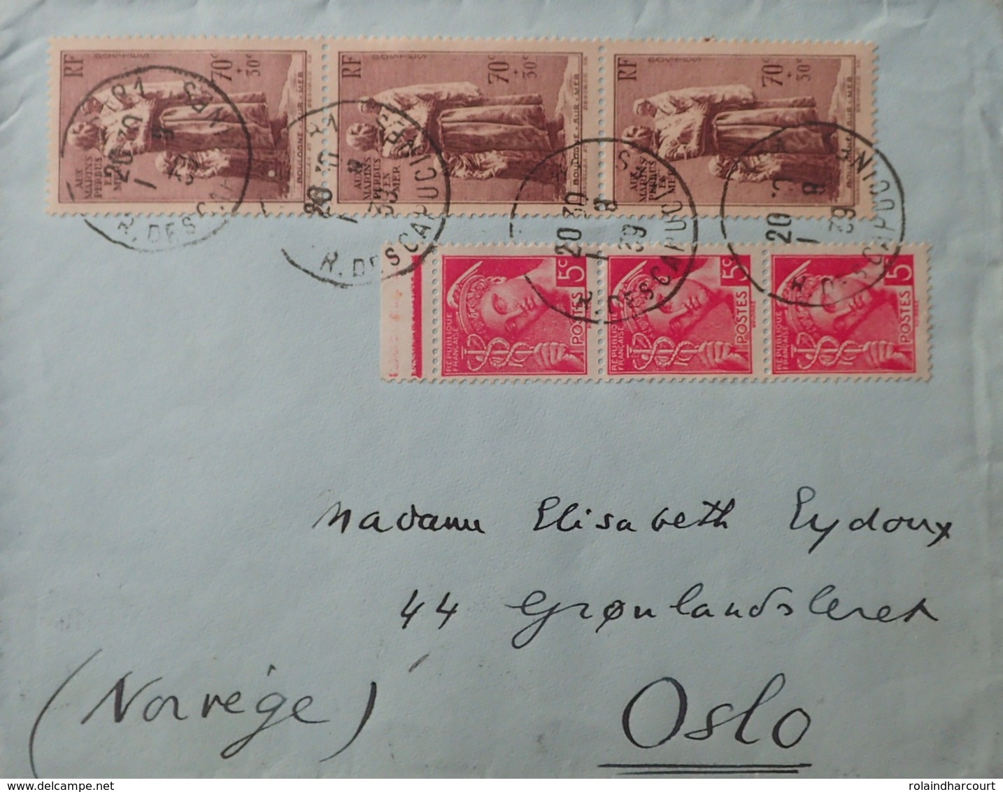 R1947/80 - 1939 - Bande De 3t N°406 + N°447 Sur ✉️ De PARIS (FRANCE) à OSLO (NORVEGE) Du 1er AOÛT 1939 - Covers & Documents