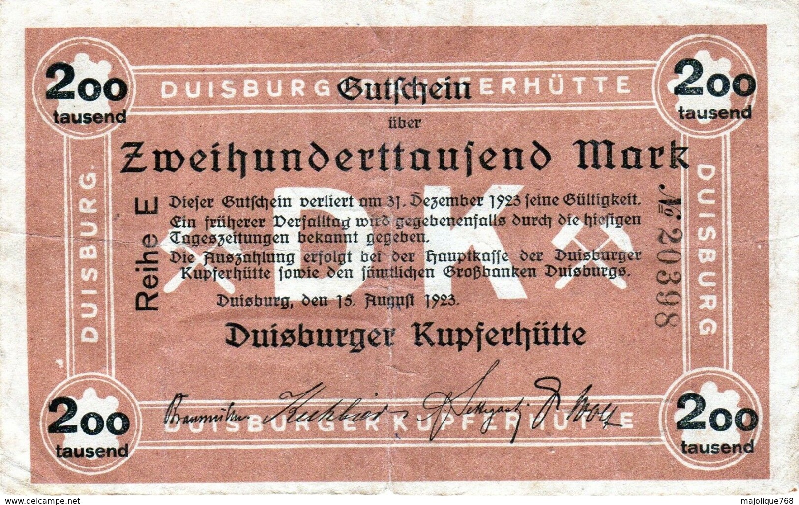 Billet La Cuivrerie De La Ville Duisburg En Allemagne De 200000 Marks Le 15-08-1923 - Reichsschuldenverwaltung