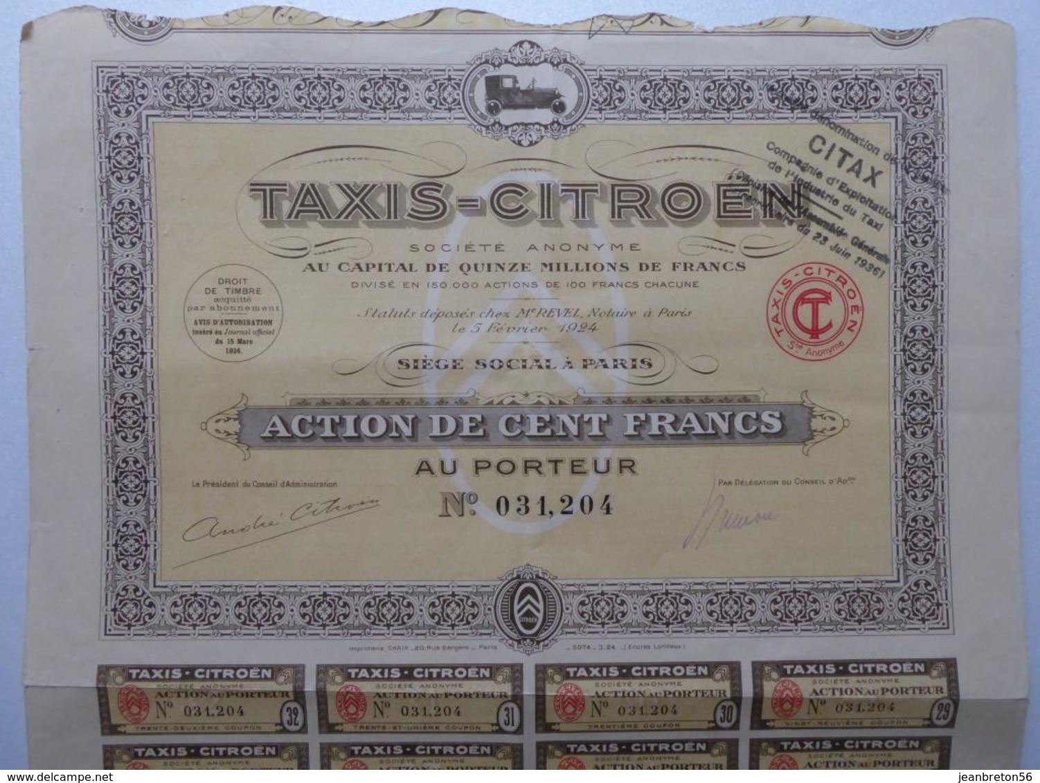 Taxis-Citroën - Paris 1924 - Titre Avec Coupons - Automobile