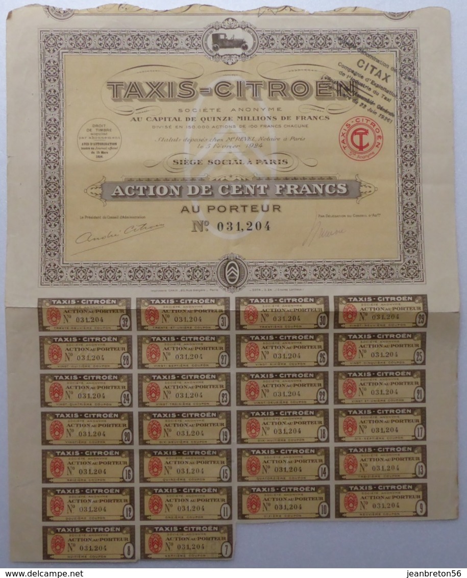 Taxis-Citroën - Paris 1924 - Titre Avec Coupons - Automobile