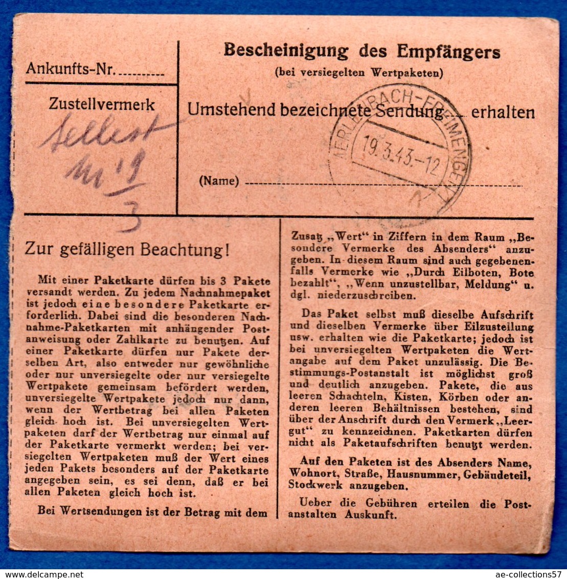 Colis Postal  -  Départ  Niederweiler--  19/3/1943 - Covers & Documents