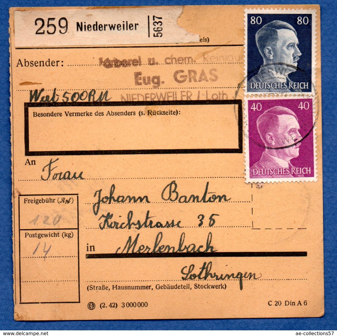 Colis Postal  -  Départ  Niederweiler--  21/12/1942 - Covers & Documents