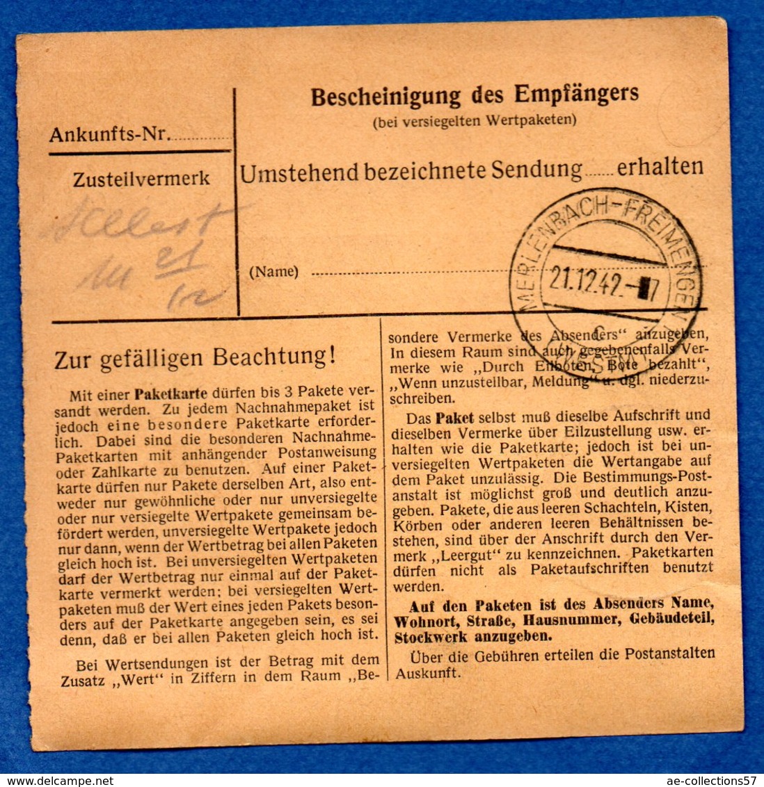 Colis Postal  -  Départ  Niederweiler--  21/12/1942 - Covers & Documents