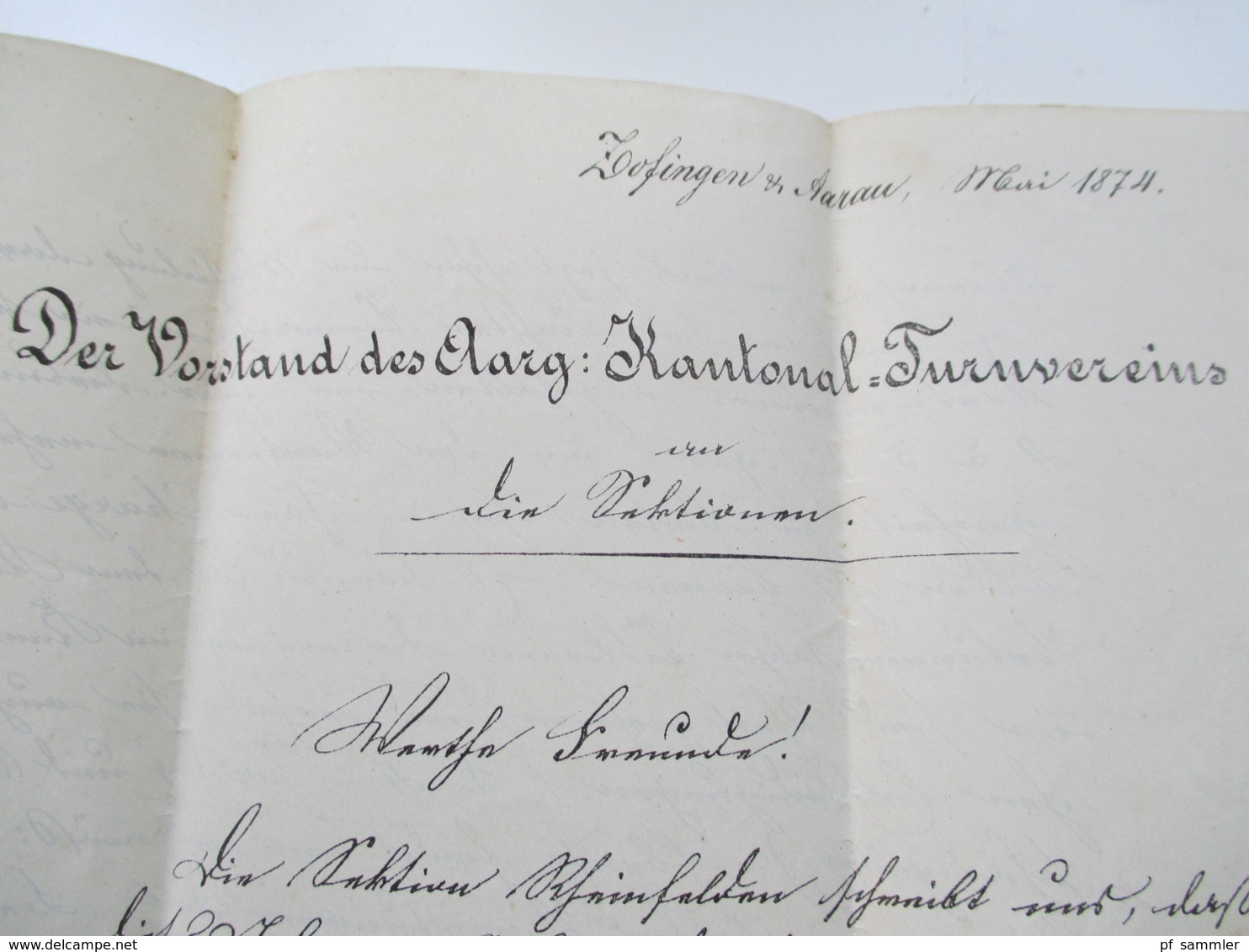 Schweiz 1874 Dokument / Gedruckter Brief Zofingen Der Vorstand Des Aarg. Kantonal Turnvereins - Covers & Documents