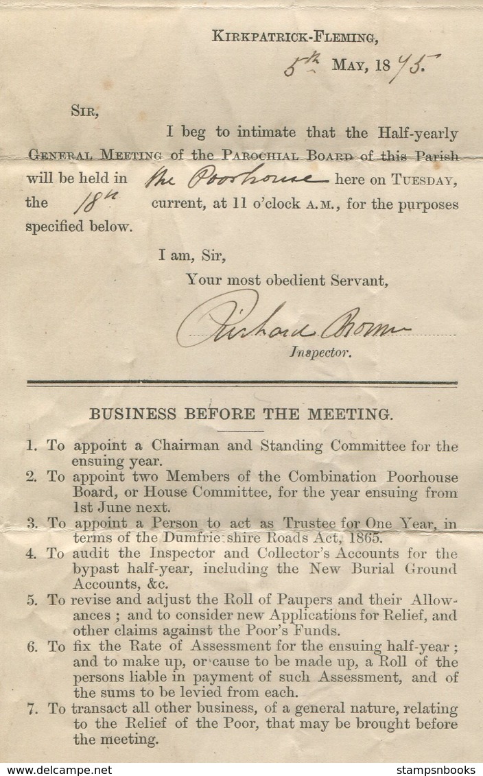 1875 GB Scotland Kirkpatrick Fleming Parish Parochial Board Poorhouse Meeting Entire - Annan Via Ecclebechan - Brieven En Documenten