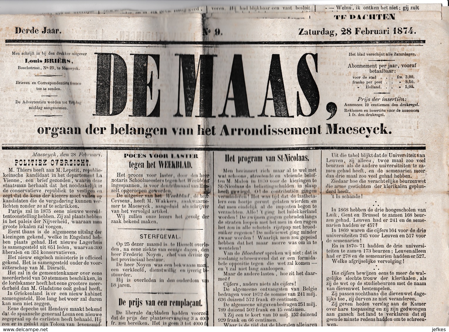 Maaseyck;28/2/1874.Weekblad  "DE MAAS" - Documents Historiques