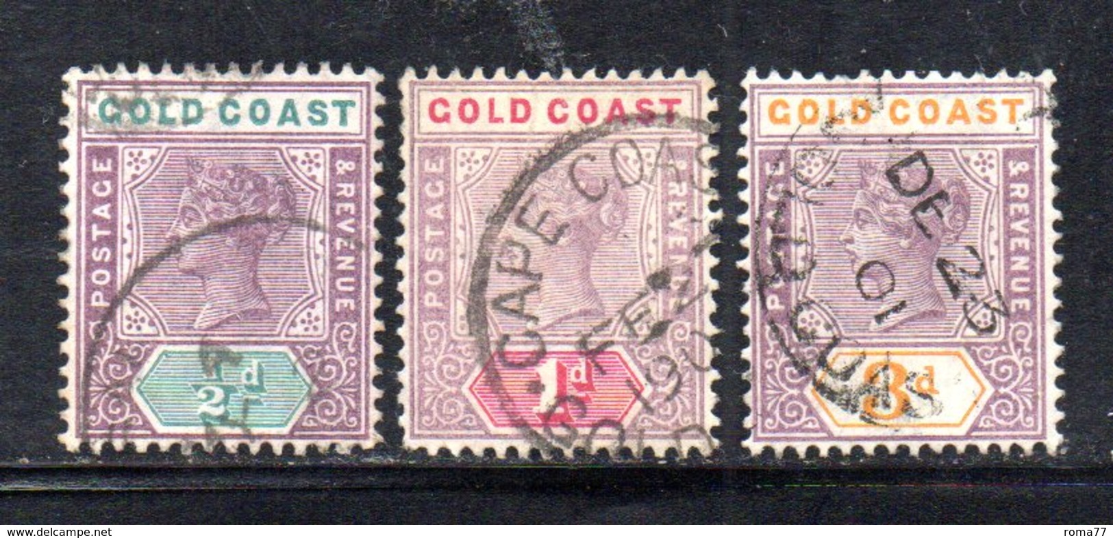 APR346 - GOLD COAST 1889 , Tre Valori Usati  (2380A) Dent 14 Fil CA - Costa D'Oro (...-1957)