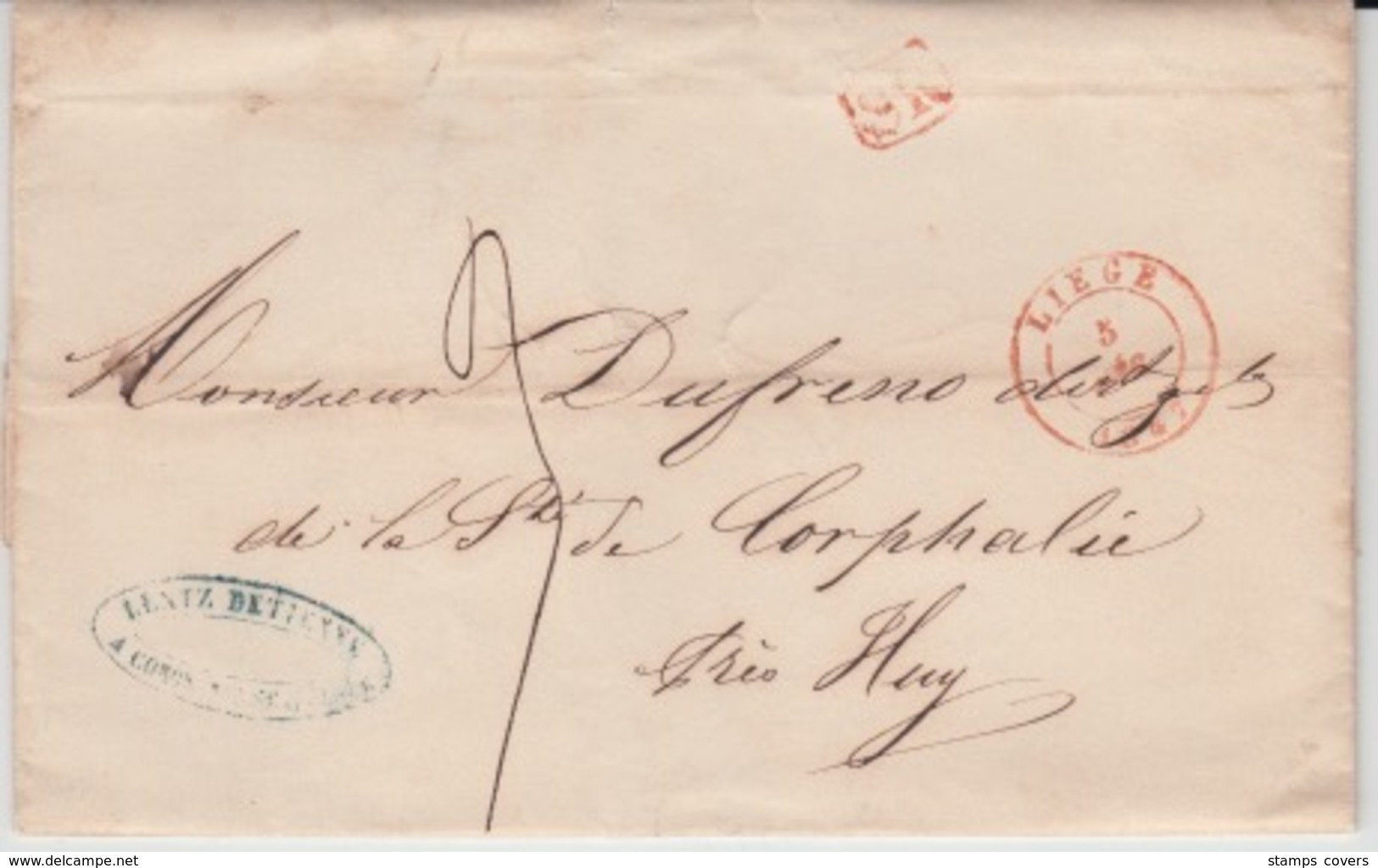 BELGIUM USED COVER 5 DECEMBRE 1847 LIEGE HUY CORPHALIE - 1830-1849 (Belgique Indépendante)