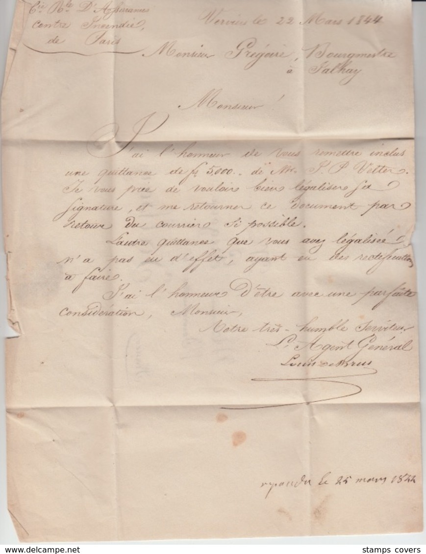 BELGIUM USED COVER 22 MARS 1844 VERVIERS JALHAY FRANCO GREGOIRE PP - 1830-1849 (Belgique Indépendante)