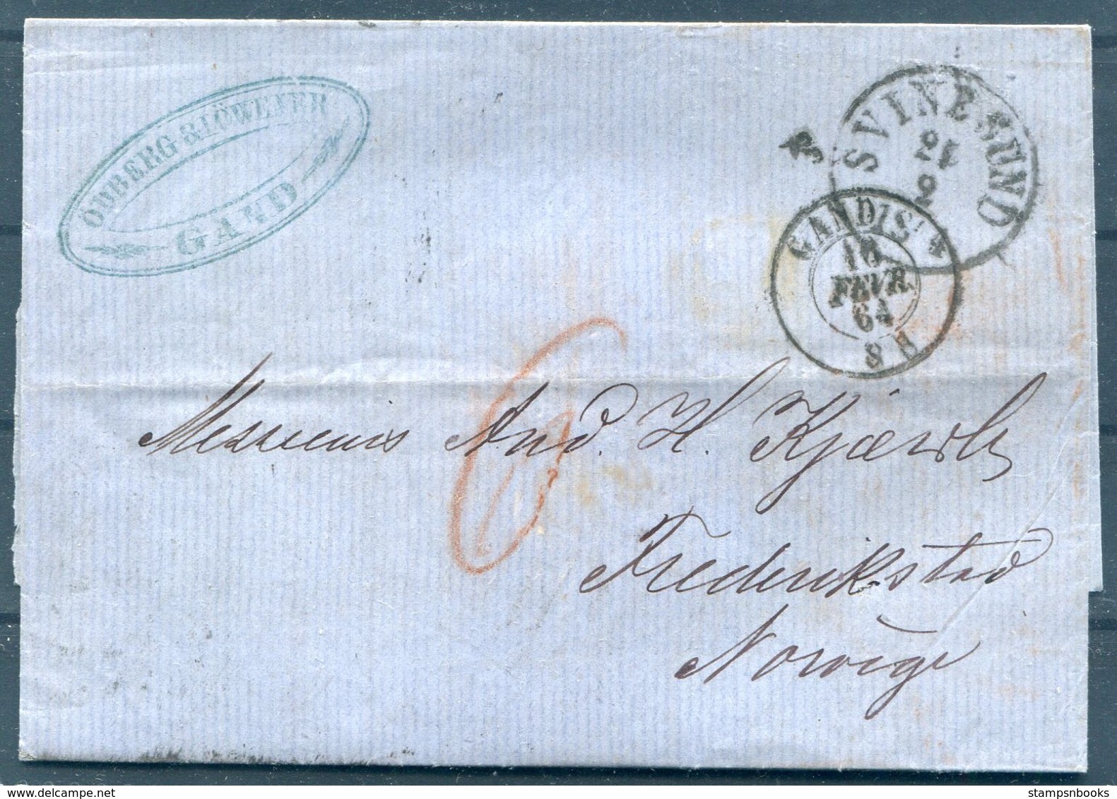 1864 Belgium Gand Ghent Entire - Fredrikstad  Norway Via Svinesund Sweden Hamburg - Other & Unclassified