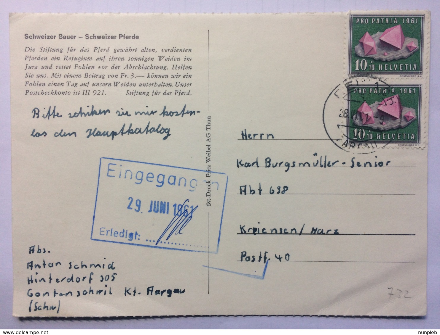 SWITZERLAND 1961 Postcard Tied With Pro Patria - Aargau To Kriensen Germany With Eingegangen Cachet - Covers & Documents