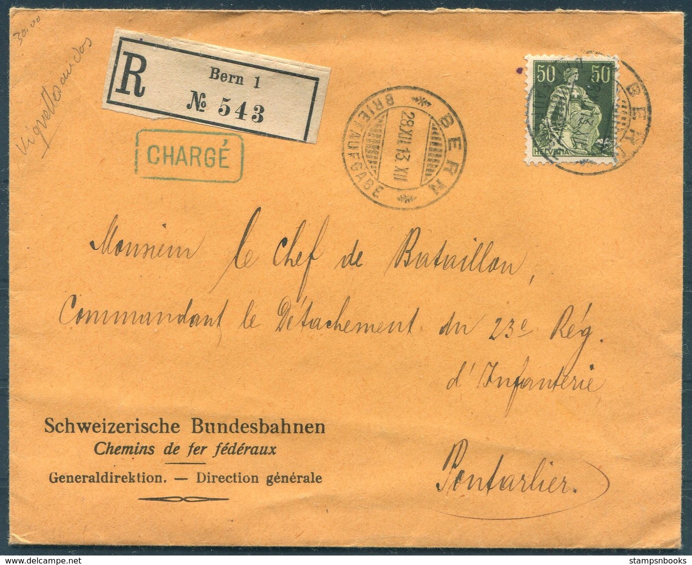 1913 Bern Registered Charge Bundesbahn Cover - 23rd Infantry Regiment, Pontarlier France. 1914 Exposition Vignette - Covers & Documents