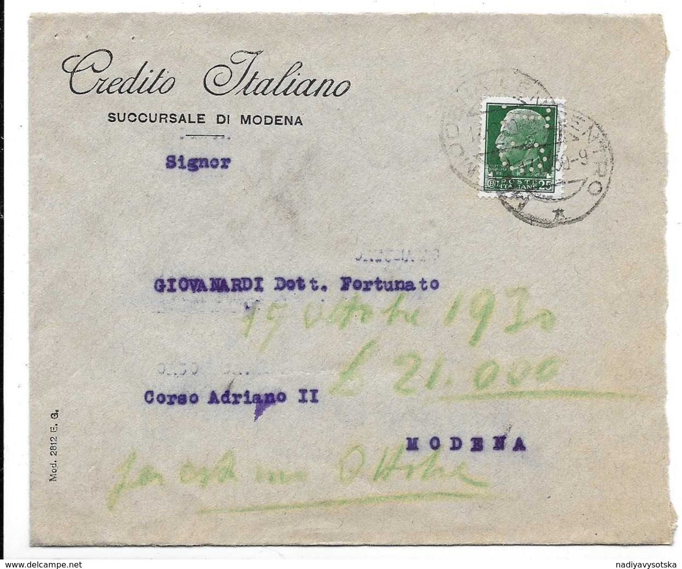 Perfin - Lettera Affrancata Con Un Francobollo Perforato C. I. - Storia Postale