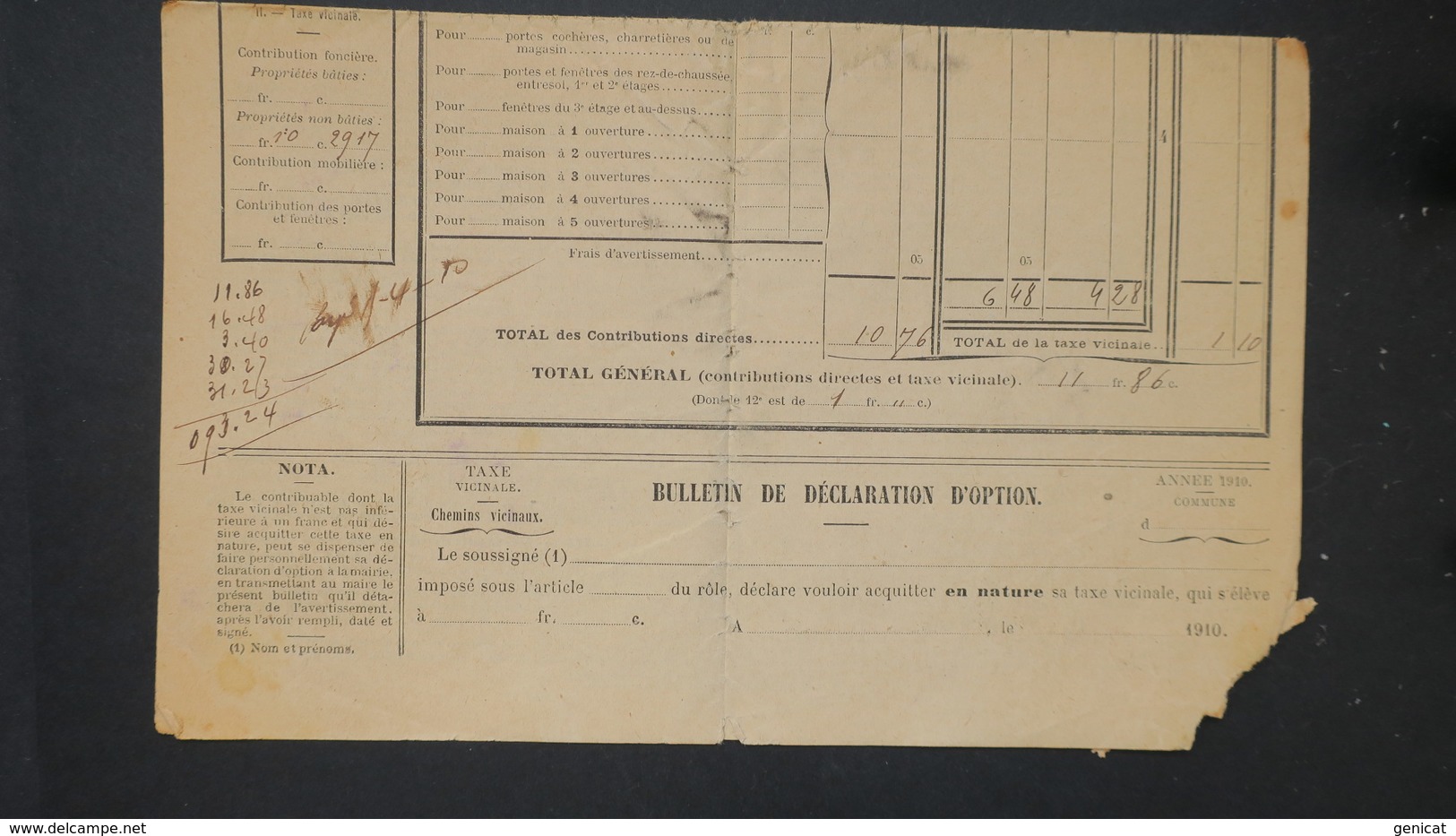 Affranchissement Bloc De 4 Type Blanc N° 107 Sur Avertissement D ' Impots St Jean De Losne Cote D' Or Fevrier 1910 - 1877-1920: Semi Modern Period