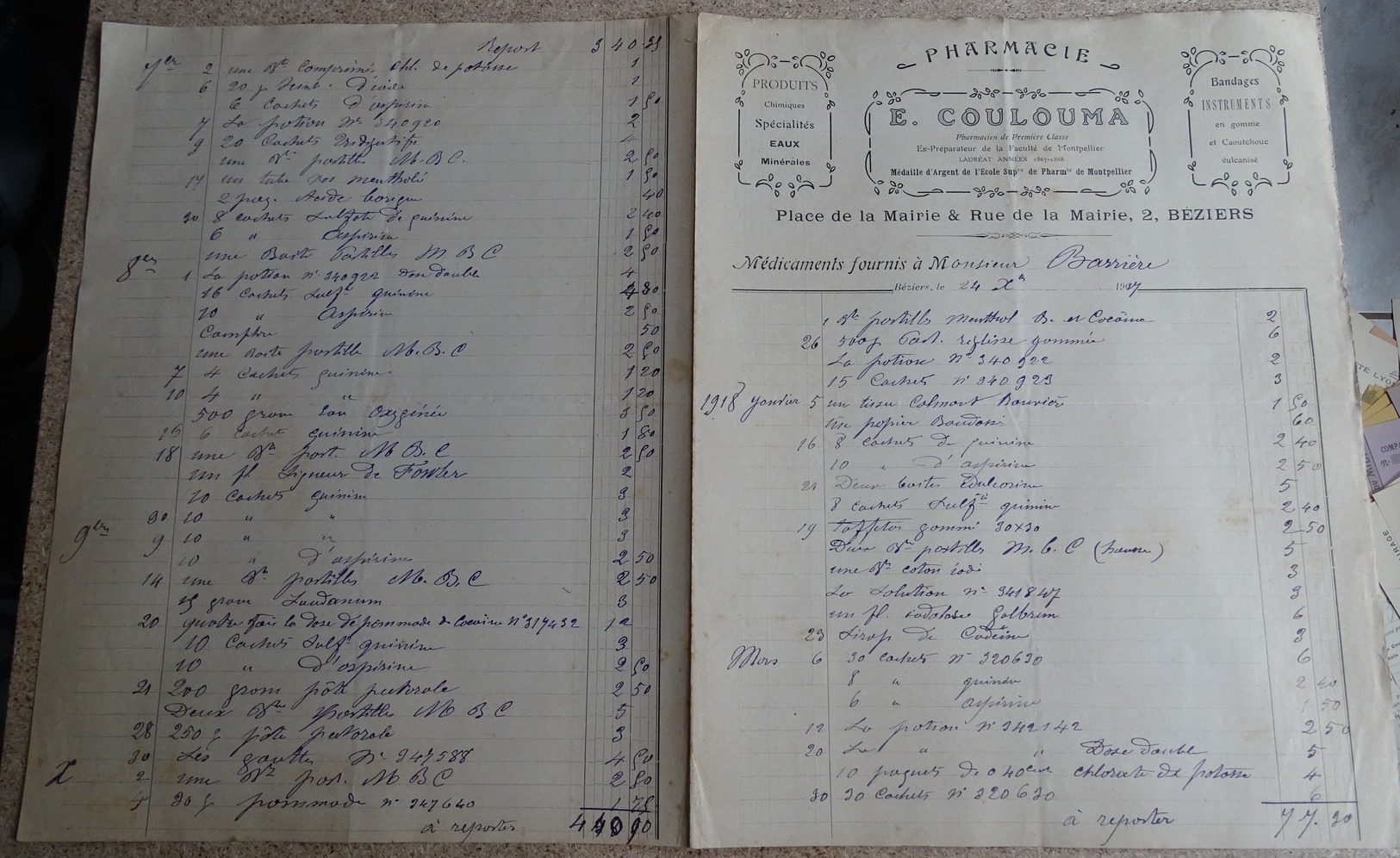 Facture Ancienne -pharmacie E Coulouma - Béziers 1918 (double Page) - 1900 – 1949