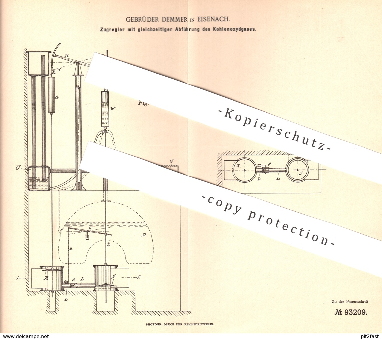 Original Patent - Gebrüder Demmer , Eisenach , 1896 , Zugregler Mit Abführung Von Kohlenoxydgas | Feuerung , Ofen , Öfen - Historical Documents