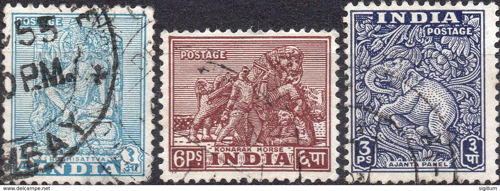 INDIA 1949 - BODHISATTVA + CAVALLO DI KONARAK + ELEFANTE DIAYANTA - 3 VALORI USATI - Gebruikt