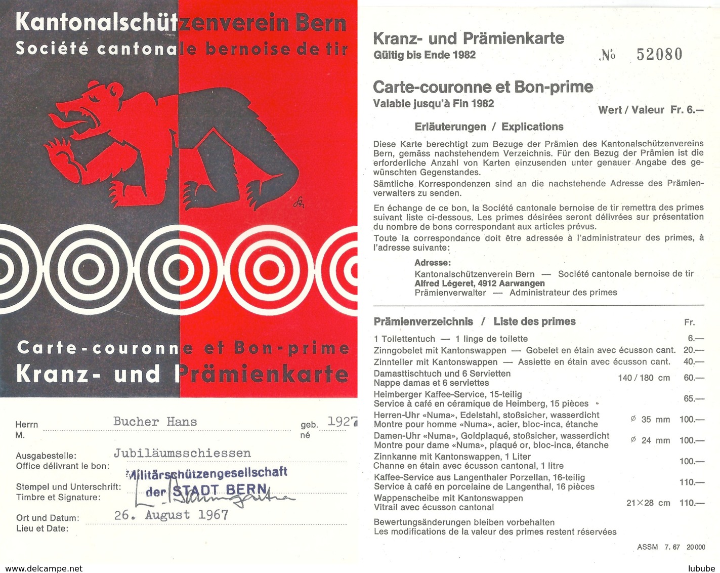 Kranz- Und Prämienkarte  "Kantonalschützenverein Bern"           1967 - Autres & Non Classés