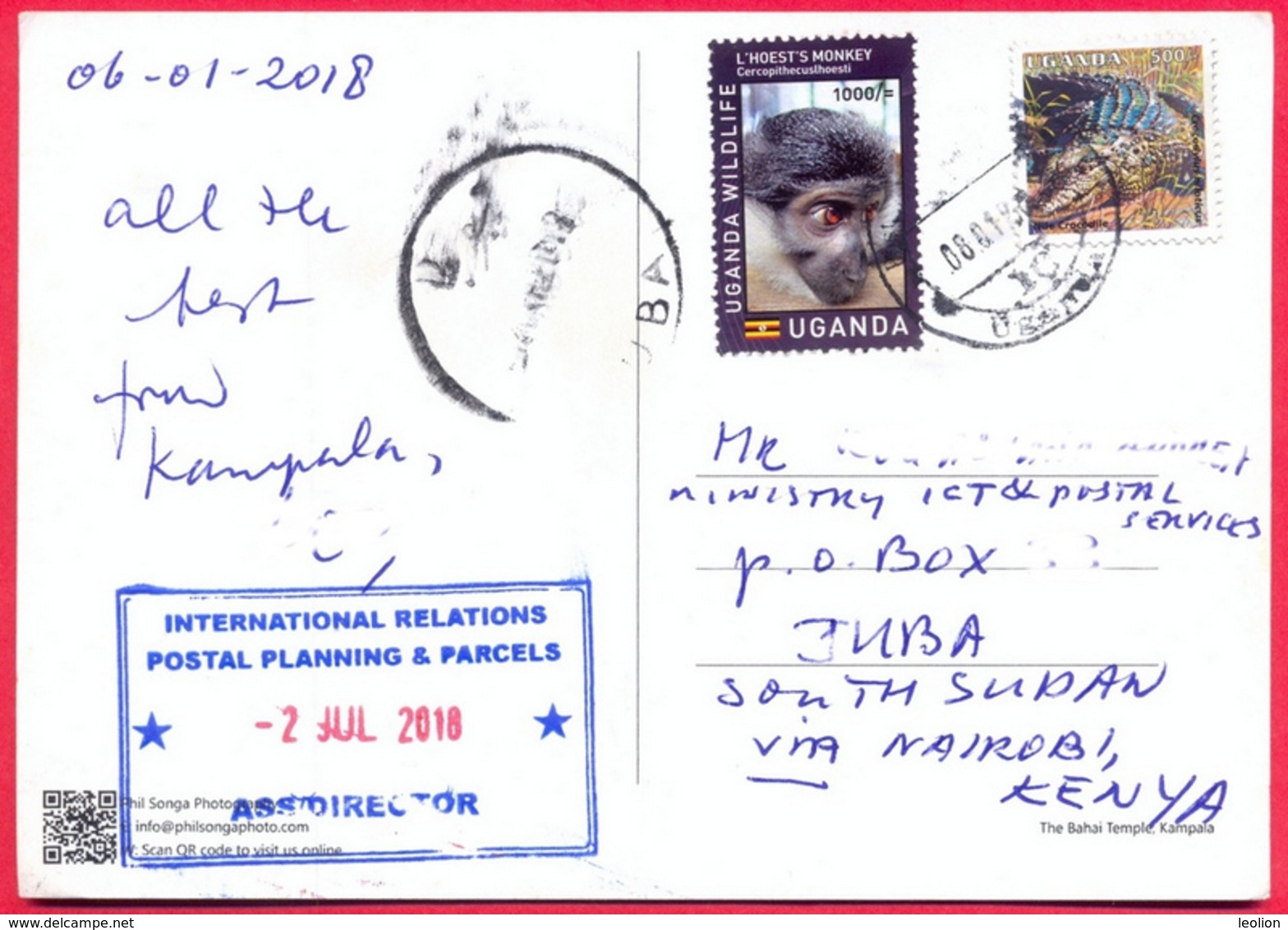 SOUTH SUDAN UGANDA 2018 Postcard Received At Juba Post Office From Uganda Ouganda Südsudan Soudan Du Sud - Sud-Soudan