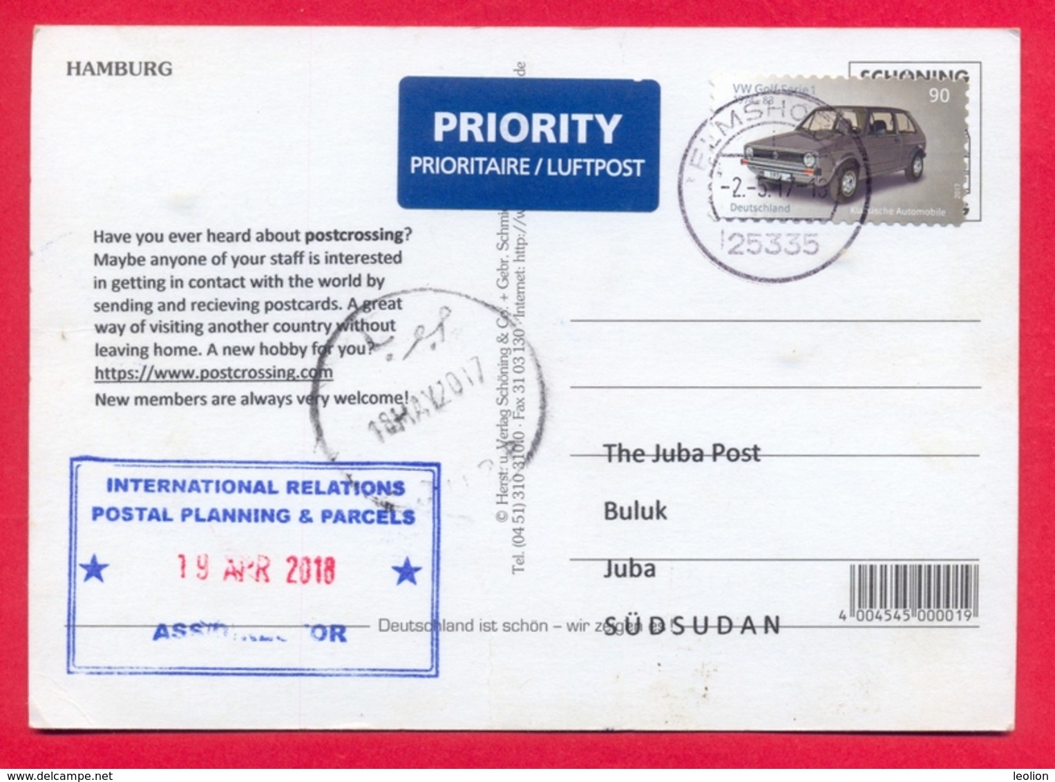 SOUTH SUDAN 2018 Postcrossing Advertisement Postcard Received At Juba Post Office From Germany Südsudan Soudan Du Sud - Sud-Soudan
