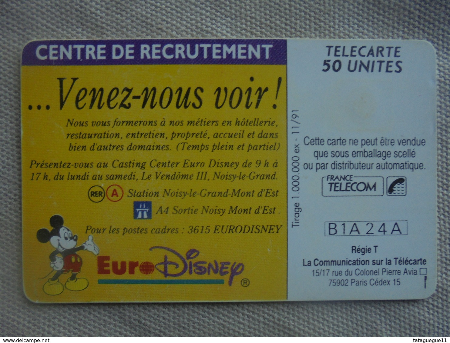 Télécarte 50 Unités Casting Center 11/91 - Disney