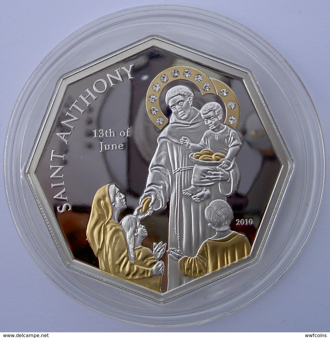 COOK ISLANDS 5 $ 2010 ARGENTO PROOF 999 SILVER+GOLD+SWAROVSKI SAINT ANTHONY SANT ANTONIO 13 GIUGNO PESO 25g. TITOLO 0,99 - Isole Cook