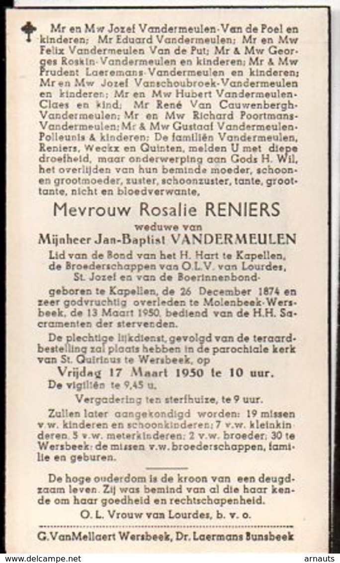 Doodsprentje Rosalie Reniers Wed Vandermeulen Jan-Baptist °1874 Kapellen Glabbeek +1950 Molenbeek-Wersbeek Laeremans Wec - Avvisi Di Necrologio