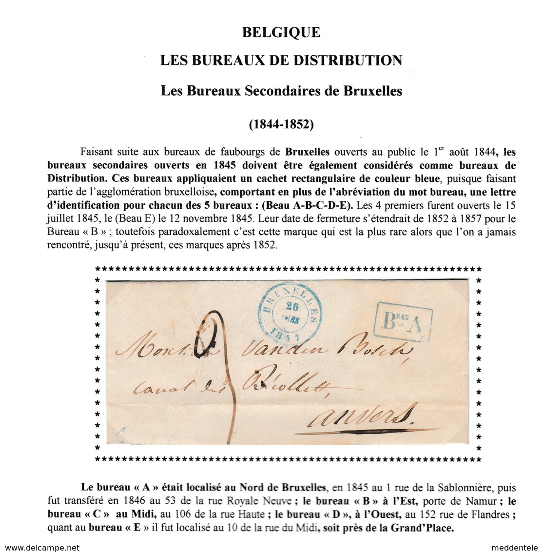 BRUXELLES Marque Du Beau A - 26/3/1847 Vers ANVERS Taxe 3 SUPERBE - 1830-1849 (Belgique Indépendante)