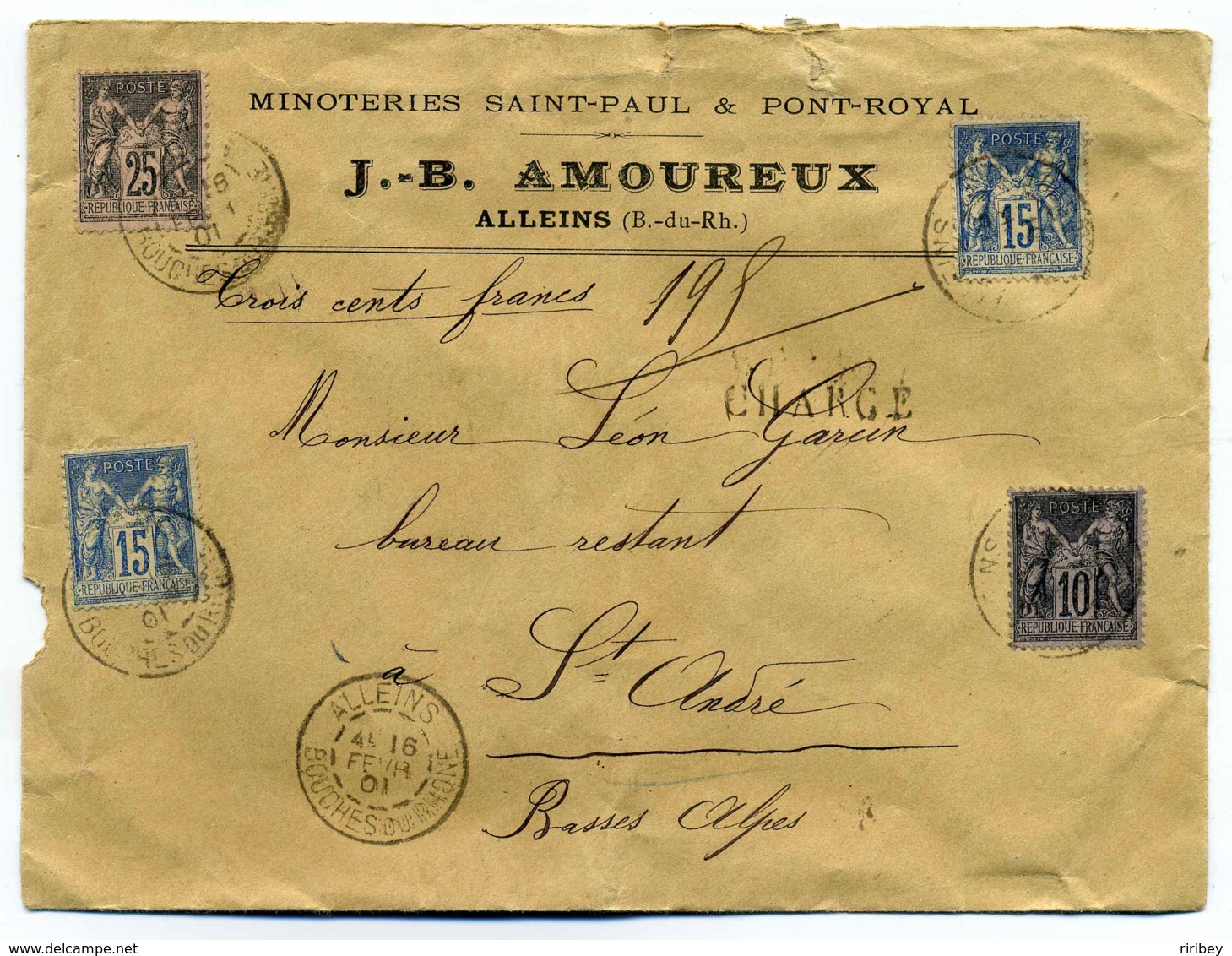 Lettre CHARGE D'ALLEINS  Bouches Du Rhône / 1901 / Aff Composé Au Type SAGE - 1877-1920: Periodo Semi Moderno