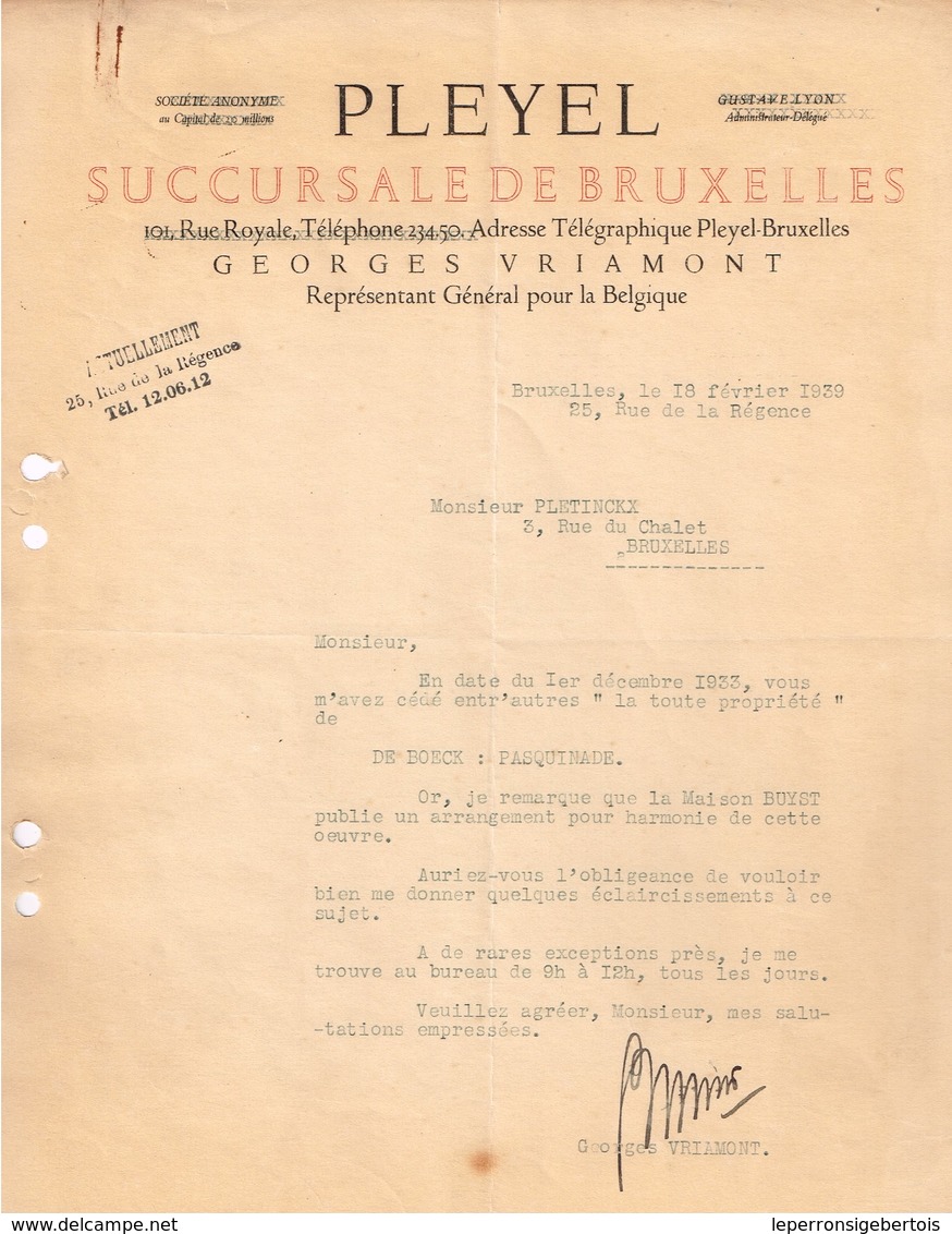 Lettre De PLEYEL Succursale De Bruxelles à Monsieur Jean Pletinckx Du 18 Février 1939 - 1900 – 1949