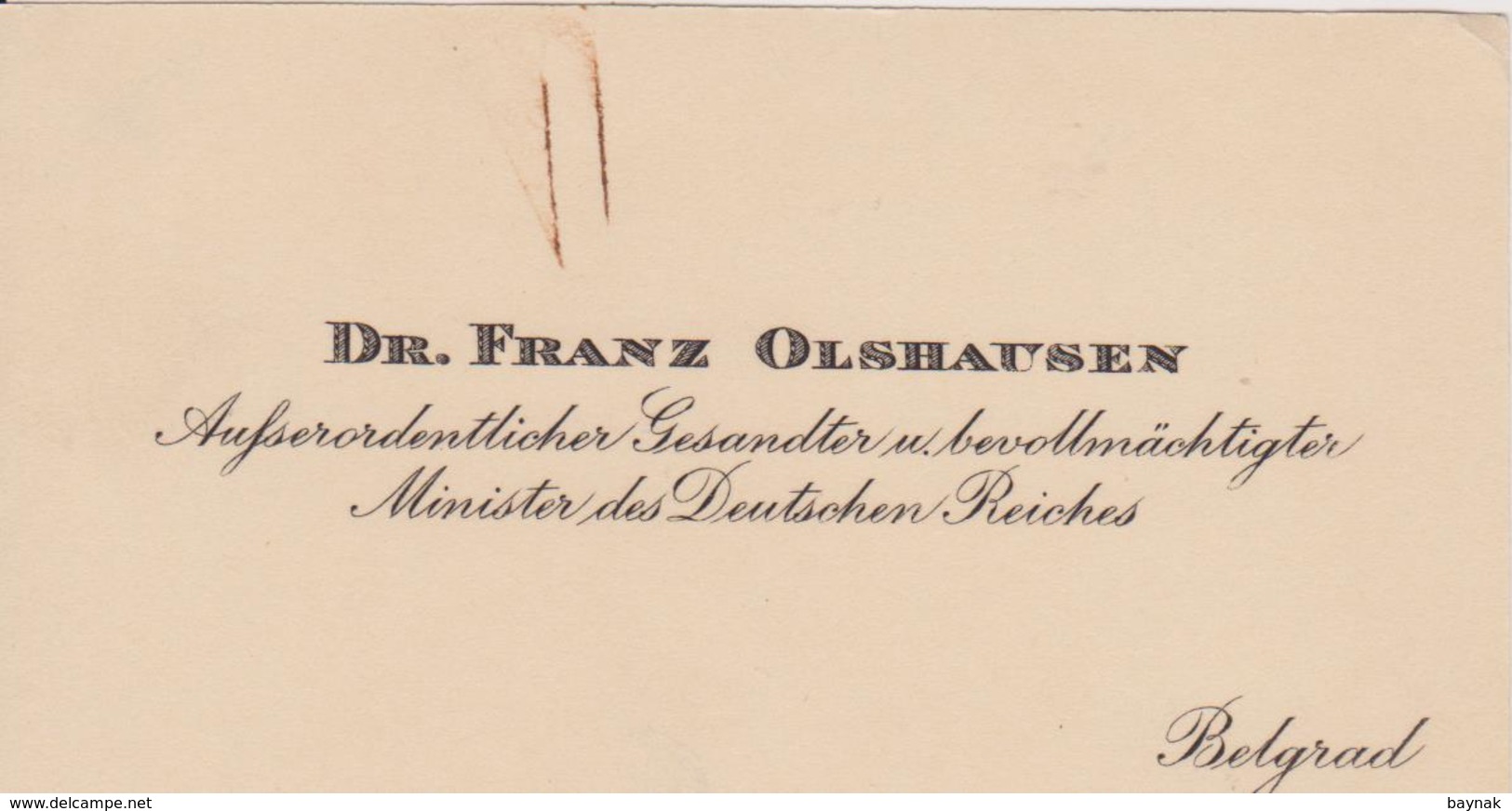 KINGDOM OF YUGOSLAVIA  ~  VISITING CARD  --  DR. FRANZ OLSHAUSEN - Visitenkarten