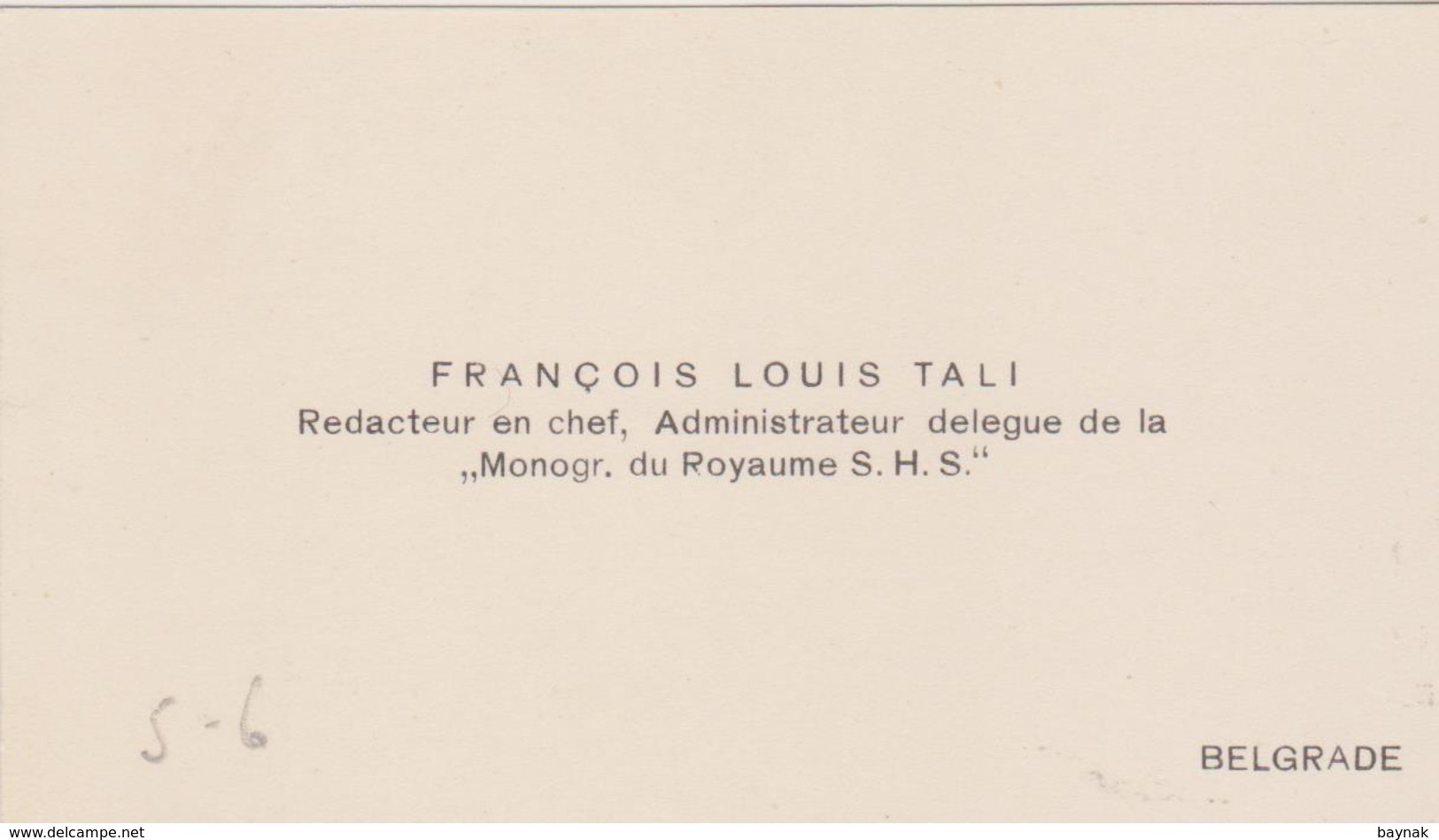 KINGDOM OF YUGOSLAVIA  ~  VISITING CARD  --  FRANCOIS LOUIS TALI - Visitenkarten