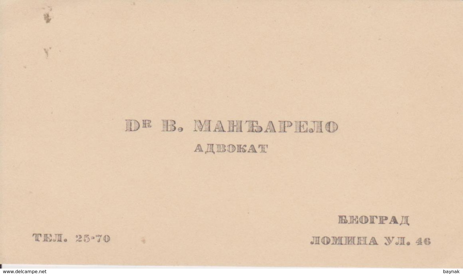 KINGDOM OF YUGOSLAVIA , SERBIA,  BEOGRAD  ~  VISITING CARD  --  Dr.  B. MANDARELO  ~  ADVOKAT - Visitenkarten