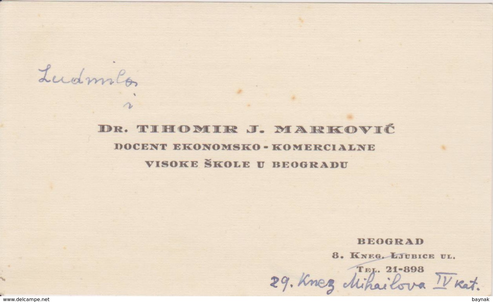 KINGDOM OF YUGOSLAVIA , BEOGRAD  ~  VISITING CARD  --   Dr. TIHOMIR MARKOVIC - Cartoncini Da Visita
