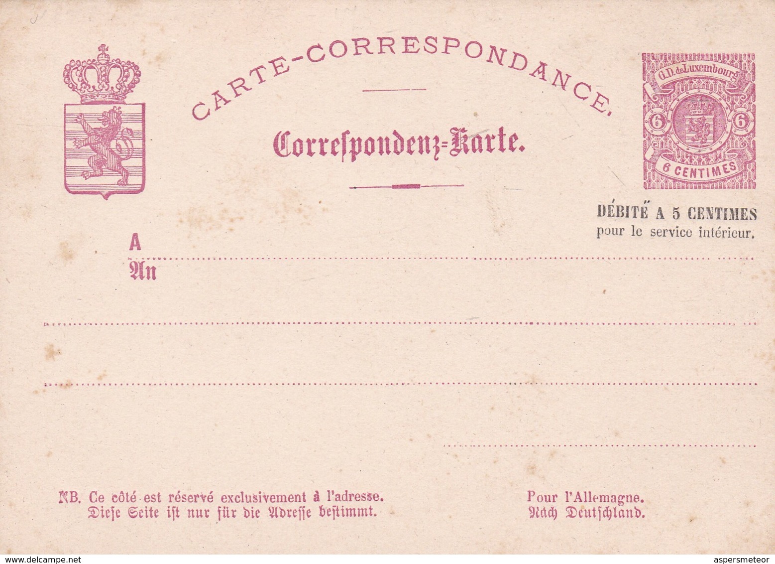 CARTE CORRESPONDANCE 6 CENTIMES GD DE LUXEMBOURG DEBITE 5 CTMS INTERIEUR- ENTERO POSTAL ENTIER POSTAL STATIONERY - BLEUP - Enteros Postales