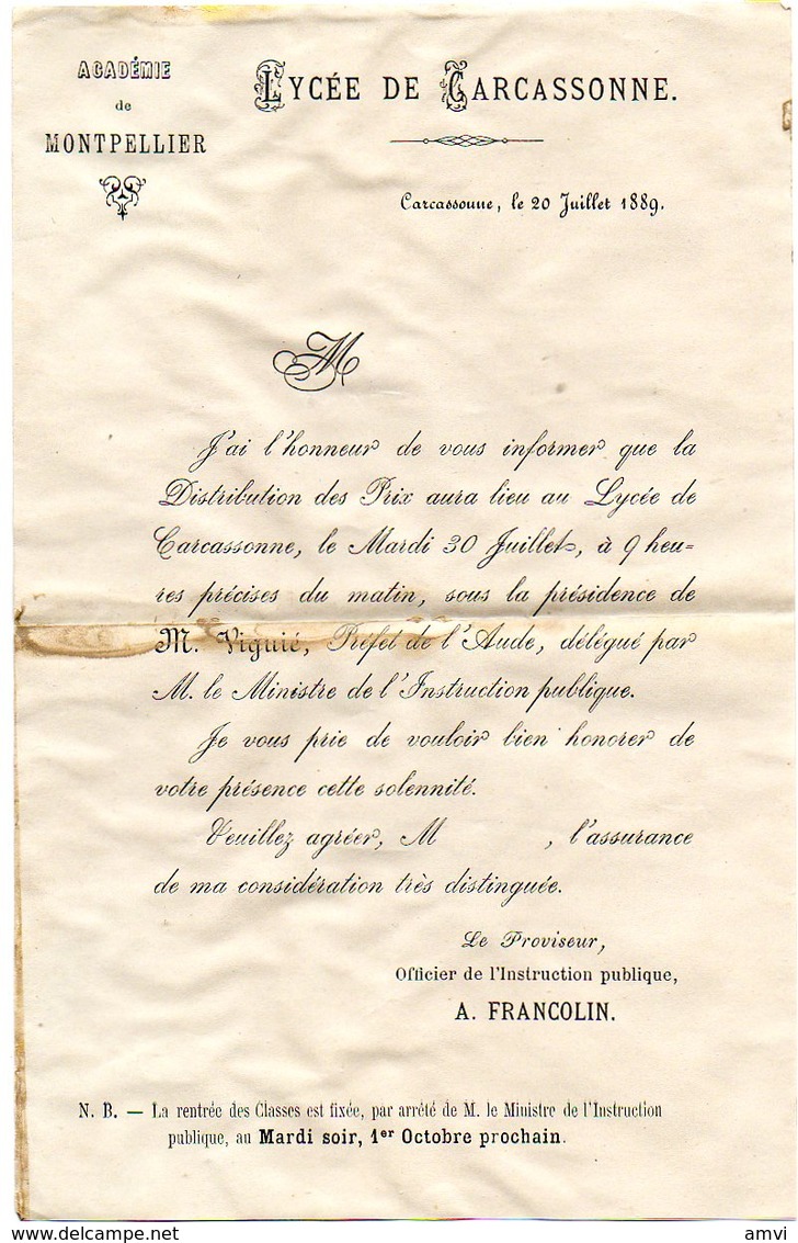 Sam A -courrier Lycée De Carcassonne 1889 Distribution Des Prix Sous La Présidence De VIGUIE PREFET - Diplomi E Pagelle